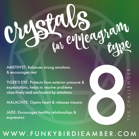 Purple and green ombre graphic with white text describing crystals for enneagram type 8