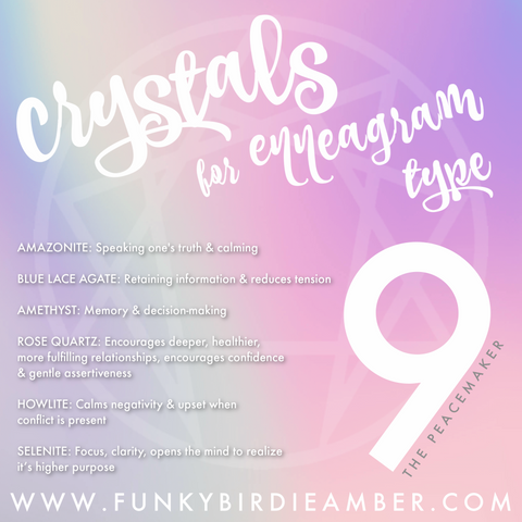 Pastel rainbow background with white text describing crystals for enneagram type 9