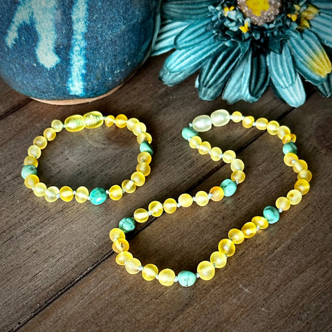 Raw Baltic amber teething necklace and anklet for pain relief, yellow amber with turquoise crystal accents