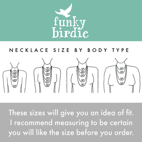 Funky Birdie necklace size by body type chart with outline drawings of female bodies and different necklace lengths to show fit