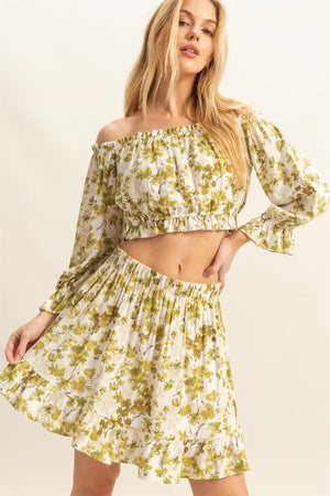Floral Off-Shoulder Flounce Sleeve Top And Skirt Set - Ro + Ivy