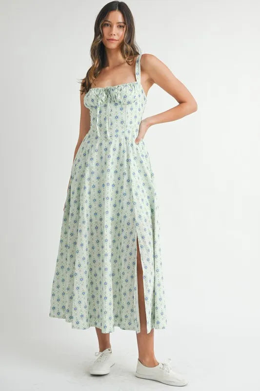 Floral Print Bustier Back Lace Up Midi Dress in Mint