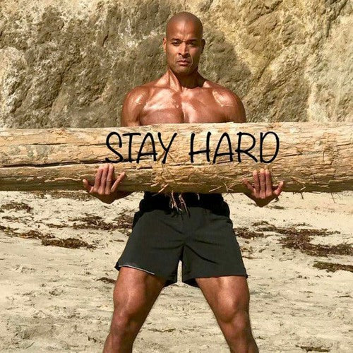 David Goggings Holding Log Saying "Stay Hard"