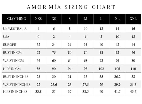 Amor Mia Size Chart – Label Loft London