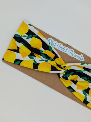 Adult Twist Headband - Lemons B&W Stripes - Plot Twist Threads