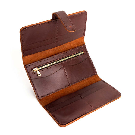 Cognac | Leather wallet with Sam Browne closure open