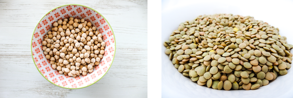 Lightly patterend ceramic bowl filled with garbanzo beans and a white ceramic bowl of dry green lentils.