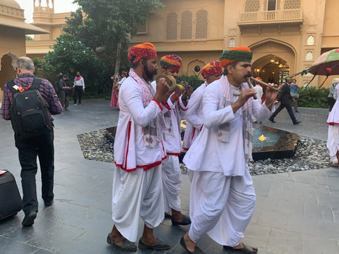 Musicians in Welcome procession, Jai Mahal Palace Hotel, Jaipur, India