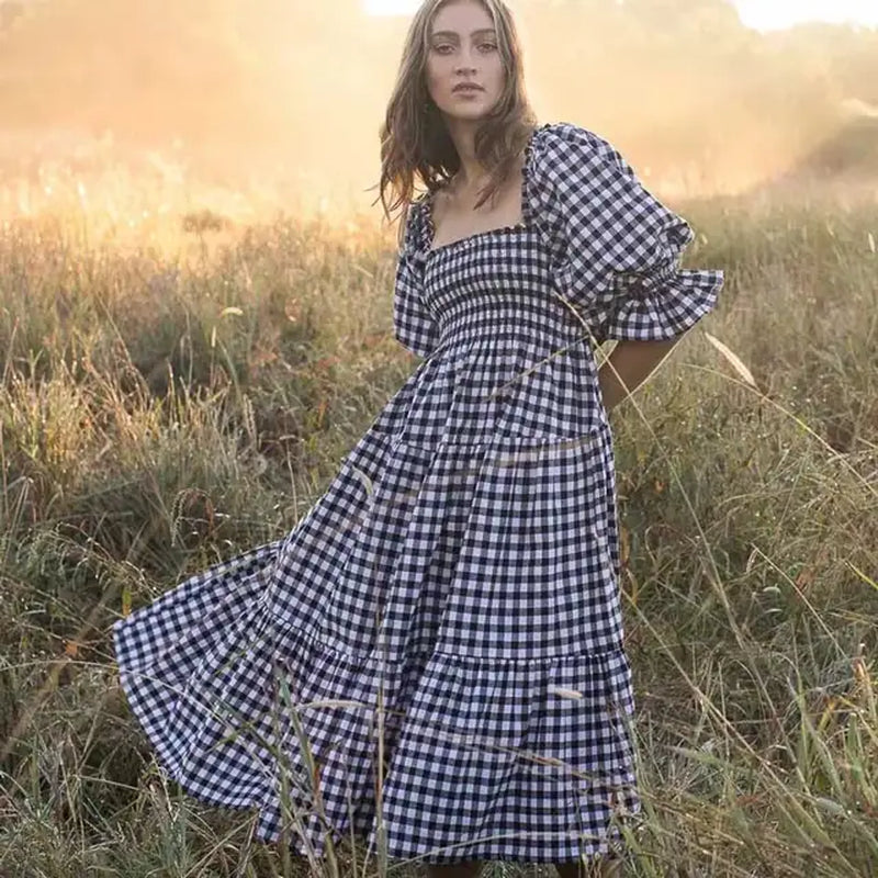 Black White Gingham Cotton Summer Dress with Bow Detail