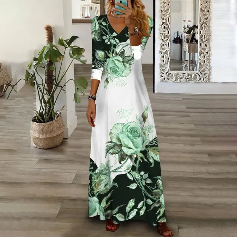 Floral Printed Vintage V Neck Long Sleeve Dress for Women