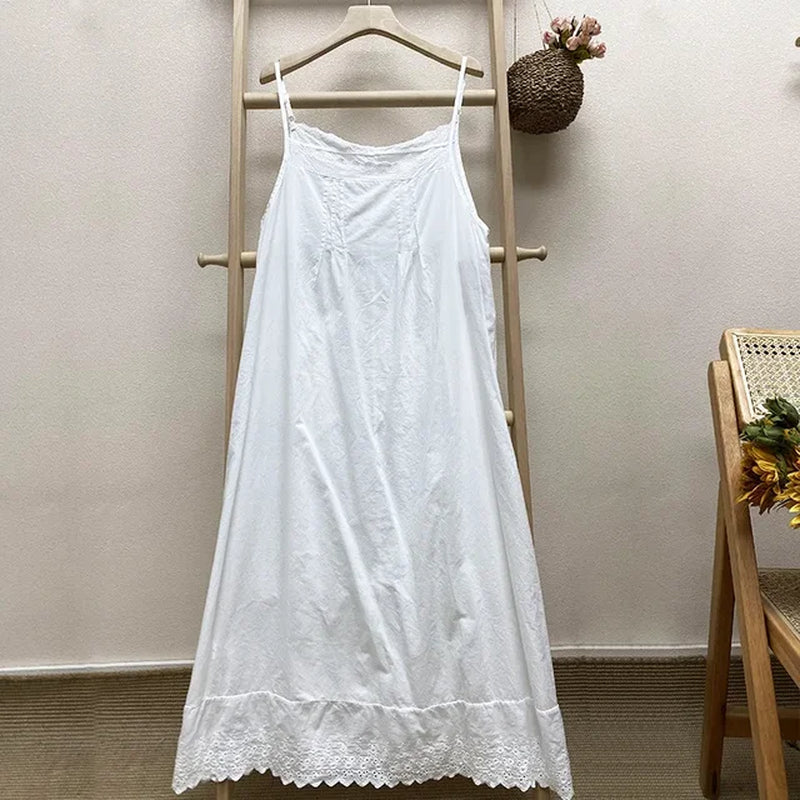 Japanese Summer Spaghetti Strap Dress - Solid Color Cotton