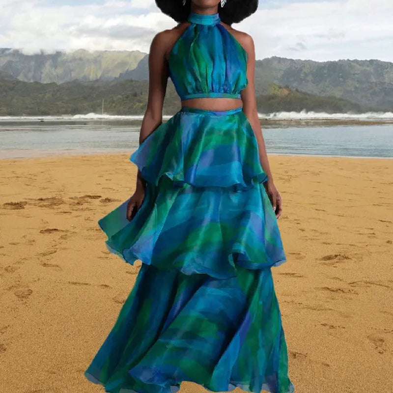 Summer Women's Rainbow Print Sleeveless Dress Suit