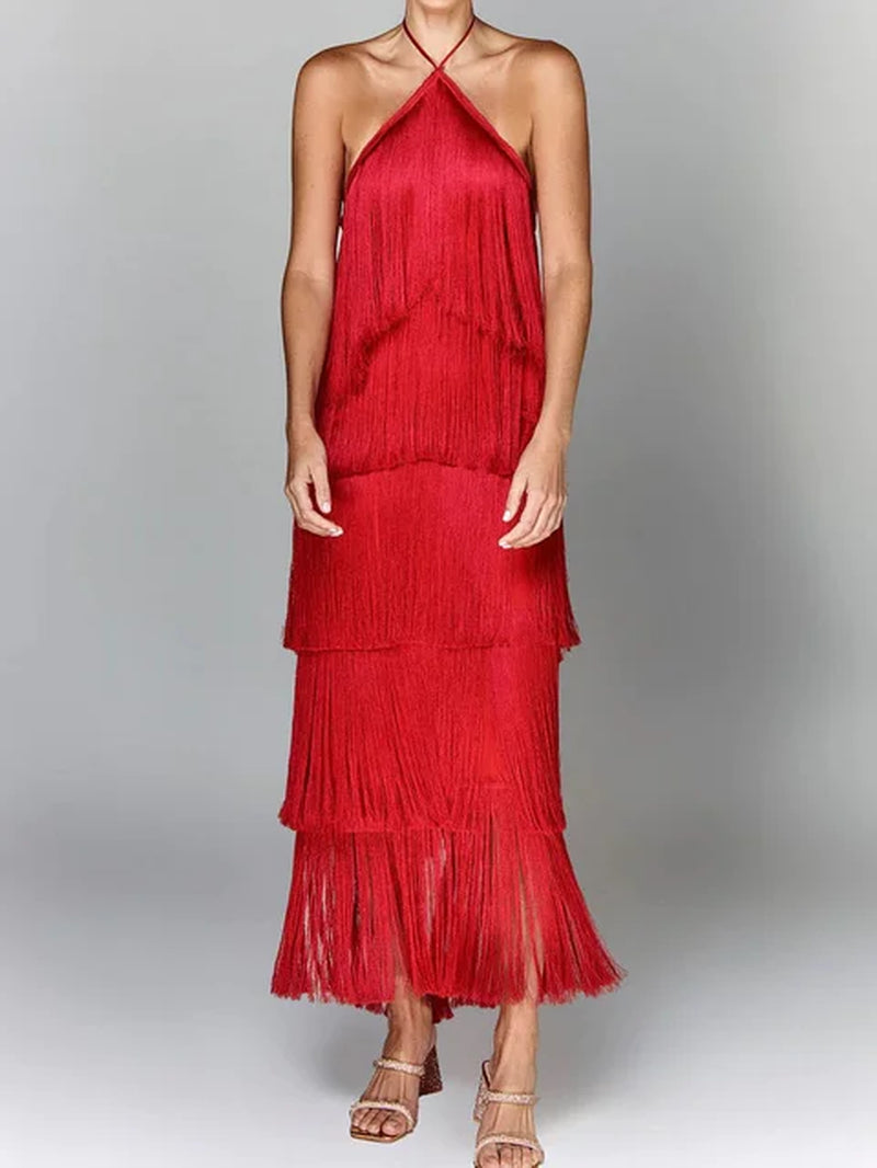 Halterneck Tassel Slit Dress - Sleeveless Backless Elegant Party Gown