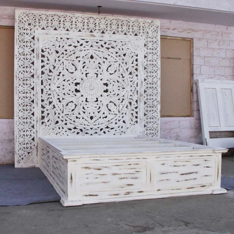 Hand Carved Wooden Jody Bed Frame With Storage Drawers