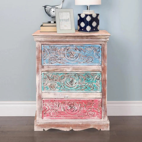 Hand carved Reclaimed Wood 3 Drawer Nightstand