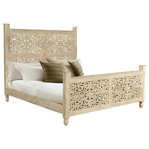 Peony Design Hand Carved Indian Solid Wooden Bed Frame