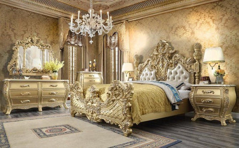 REYNA Metallic Antique Gold & Faux Leather Traditional Bed
