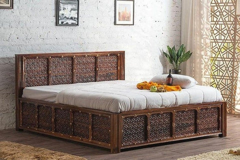 Solid Wood Brass Panache Bed with Storage and Embossed Antique Brass Work