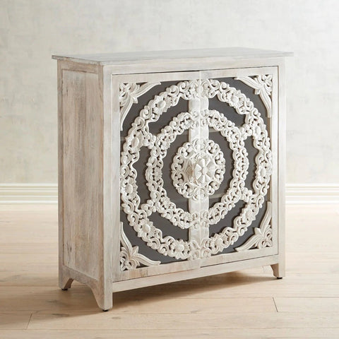 Modern Handcarved Indian Floral Arched Carved Glass Doors Sideboard