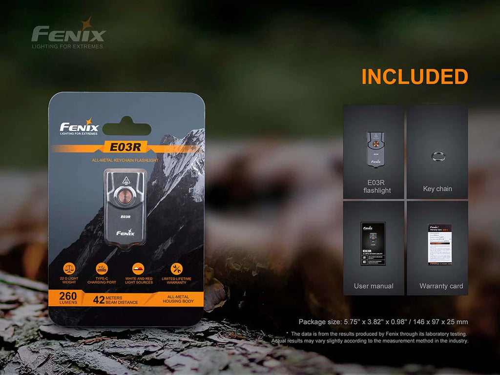 Fenix E03R All-Metal Keychain Flashlight Package Contents