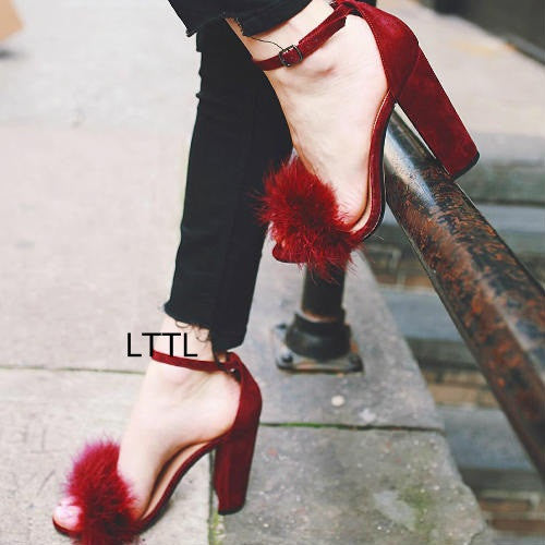 red fluffy block heels