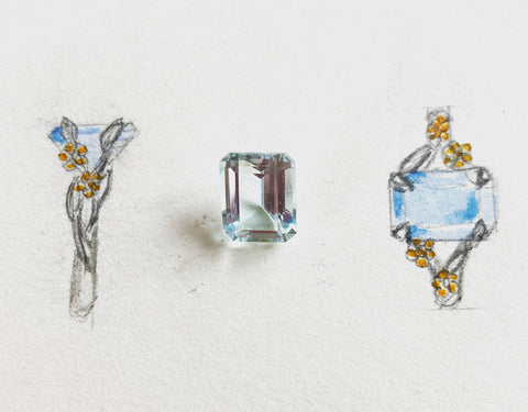 aquamarine floral ring design sketch
