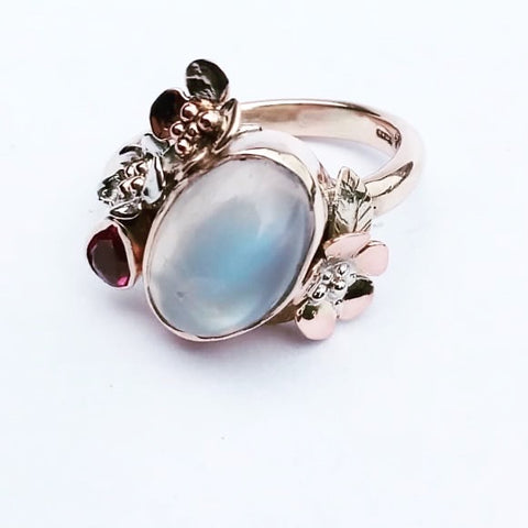 Finished commission gold floral cluster ring set with moonstone cabochon