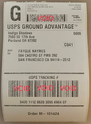A domestic shipping label with our alternate company name, Indigo Shadows instead of Sock Dreams