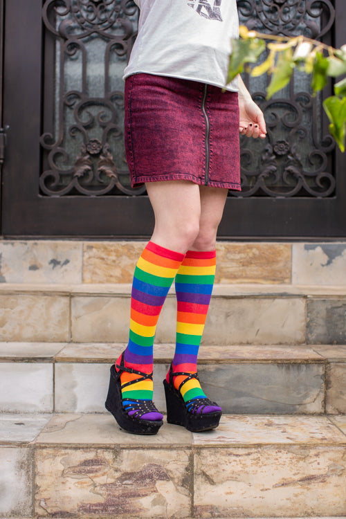 Sweater Knit Rainbow Striped Knee High Socks