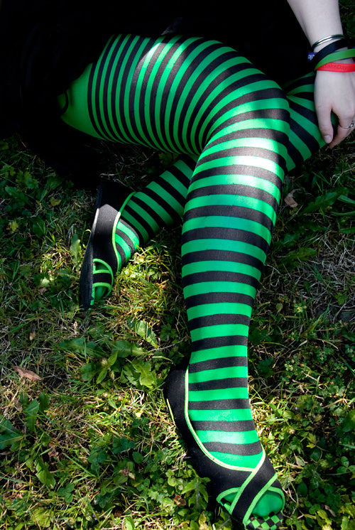 Black and Green Tights - Striped Nylon Stretch Pantyhose Stocking Acce