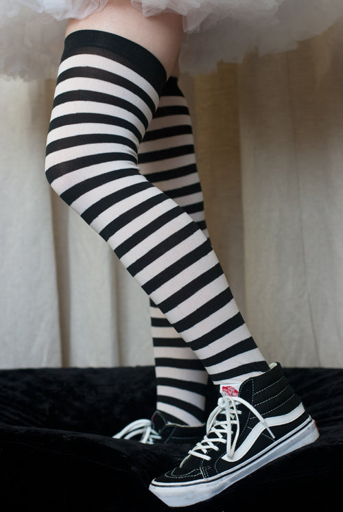 Extra Long Thigh High Socks, Black Color White Stripe Knee Socks, Over Knee  Sock