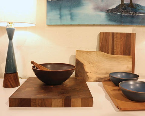 home accessories from The Joinery including butcher blocks, breadboards, ceramics, and handcrafted lamp