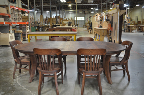 Extension Walnut Dining Table and Banjo chairs by The Joinery in our woodshop.