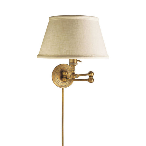 White Linen Antique Brass Swing Arm Plug-In Wall Lamp with Cord Cover -  #17A72