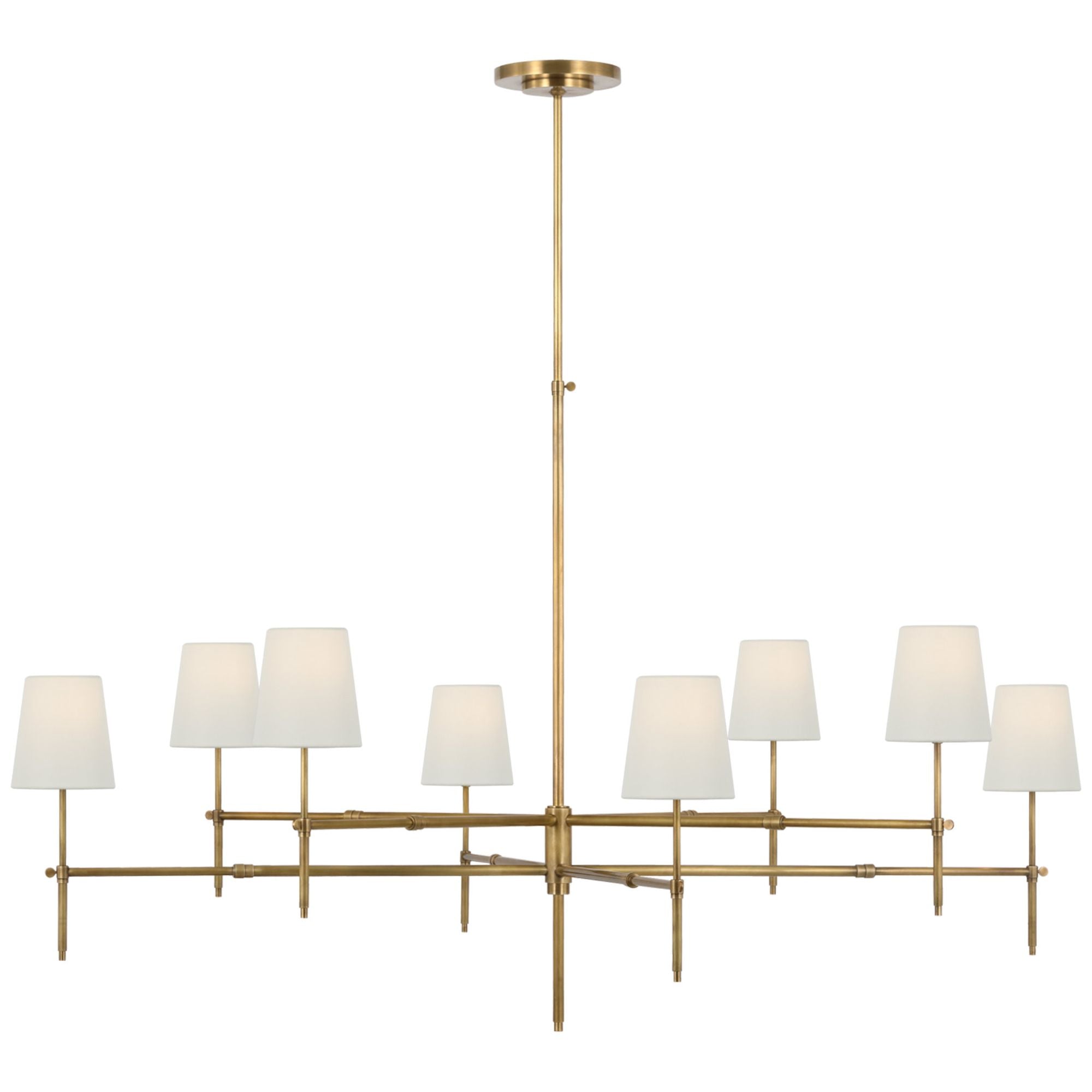 Thomas O'Brien Bryant Small Wrapped Chandelier in Hand-Rubbed Antique Brass  and Chocolate Leather with Linen Shades