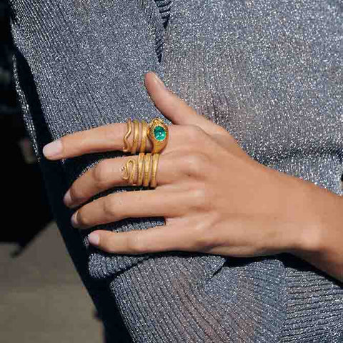 Close up of a woman's hand wearing snake rings.