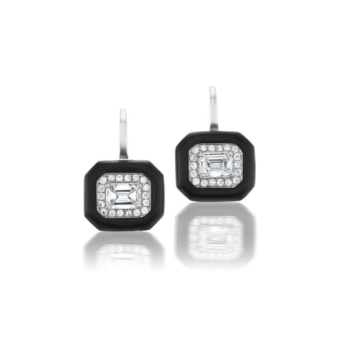 Octagonal drop earrings lined with black enamel and filled with white diamonds.