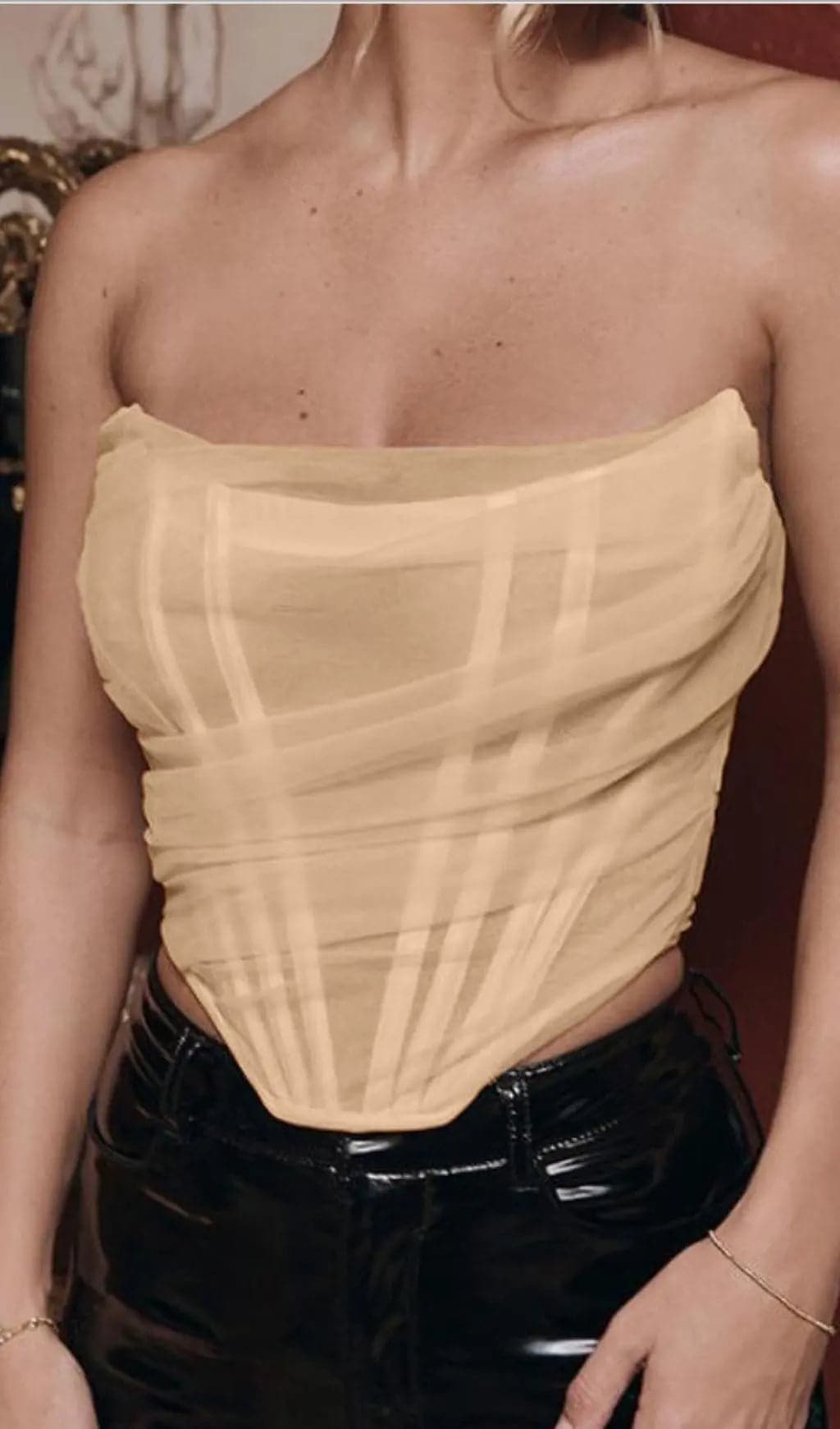 IVORY HERRINGBONE MESH CORSET TOP
