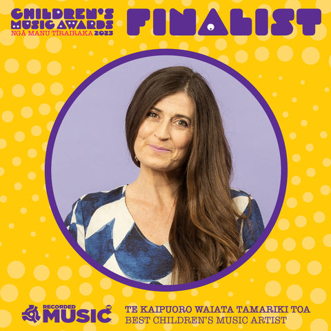 Woman wiht long brown hair in blue and white printed dress smiles against a purple backdrop inside a yellow circle with the words Children's Music Awards Finalist above and Recorded Music NZ Te Kaipuoro Waiata Tamariki Toa | Best Children’s Artist  below