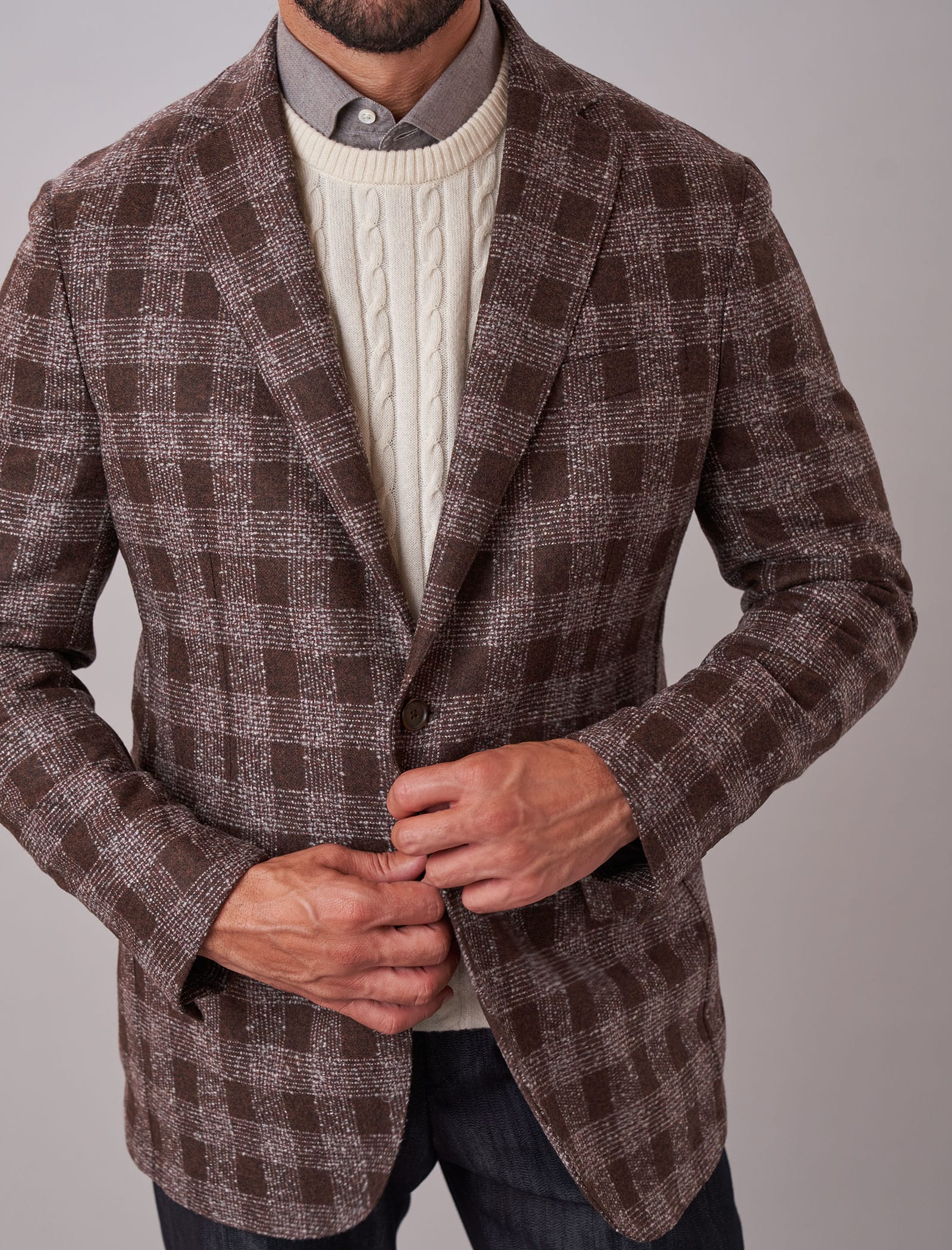 Men's Light Beige Herringbone Wool & Cashmere Blazer - 40 Colori