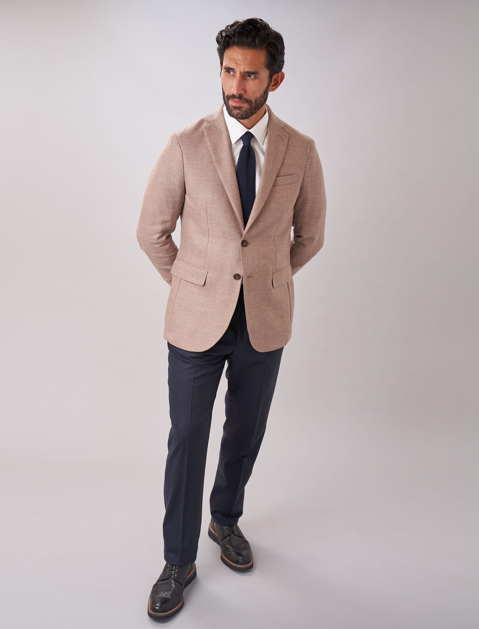 Men's Light Beige Herringbone Wool & Cashmere Blazer | 40 Colori