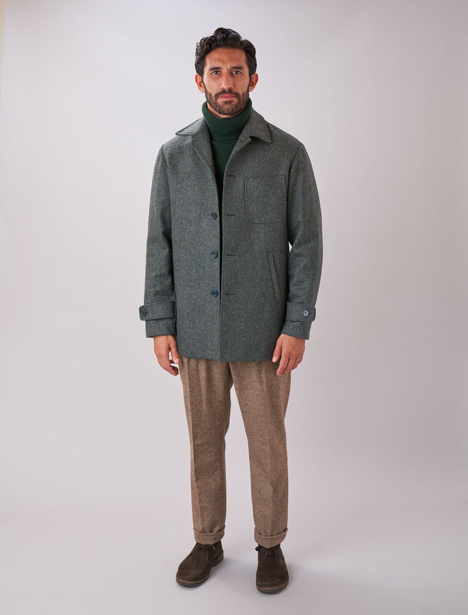 Men's Dark Teal Herringbone 100% Wool Overcoat | 40 Colori