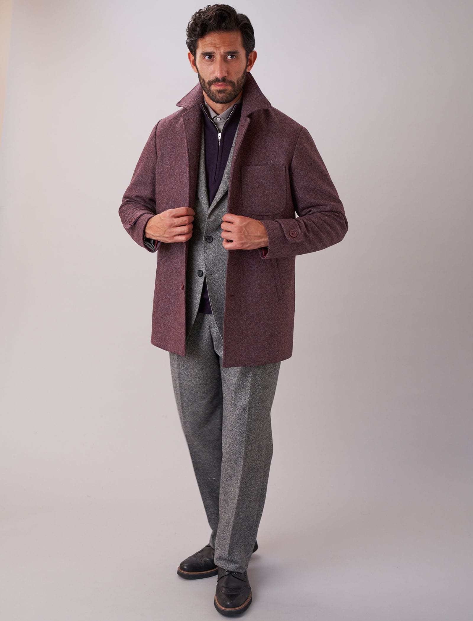 Men's Plum Herringbone 100% Wool Overcoat | 40 Colori