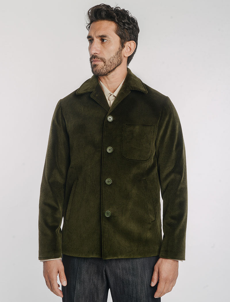 Men's Olive Green 10 Wale Corduroy Short Overcoat | 40 Colori