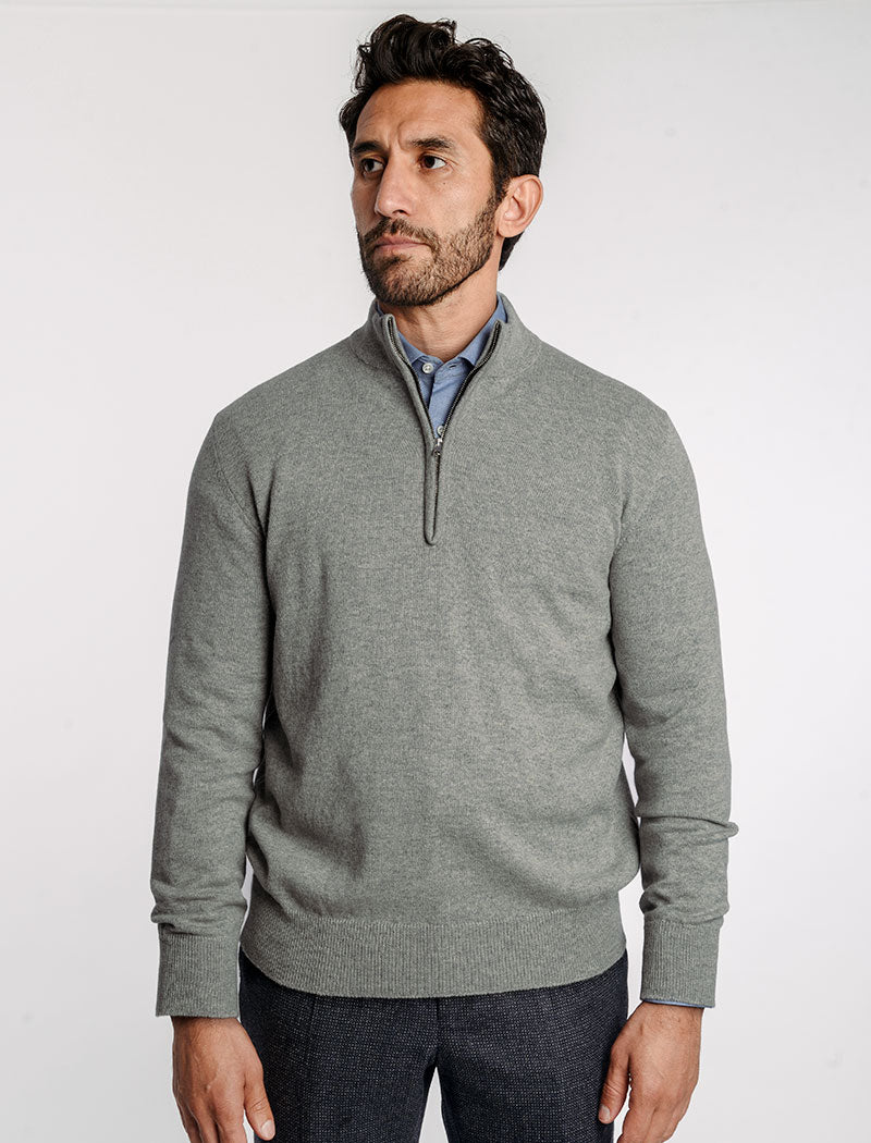 Men's Grey Mock Neck 100% Cashmere Quarter Zip Jumper | 40 Colori | 40 ...