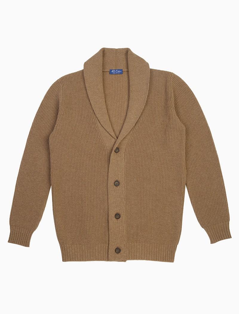 Men's Dark Brown Ribbed Shawl Neck Wool & Cashmere Cardigan - 40 Colori