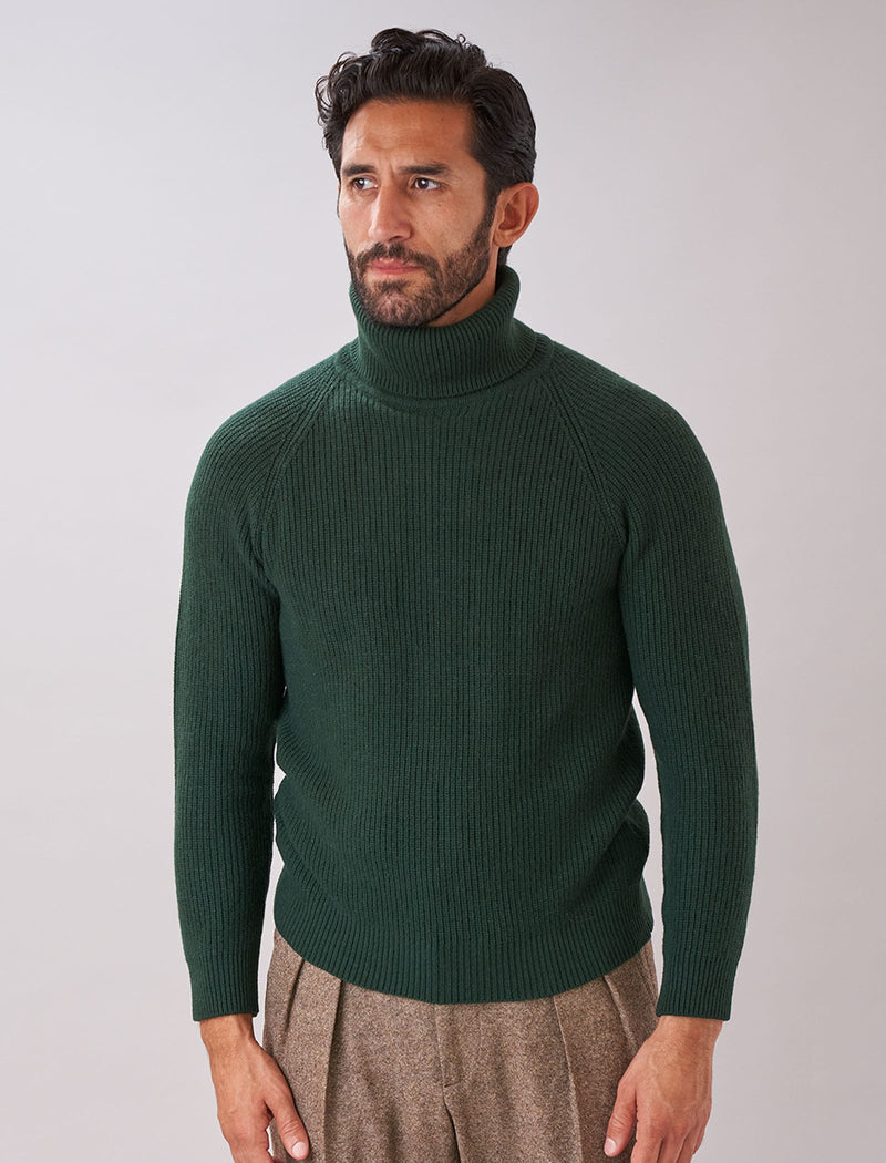 Men's Dark Green Ribbed Wool & Cashmere Roll Neck Jumper | 40 Colori