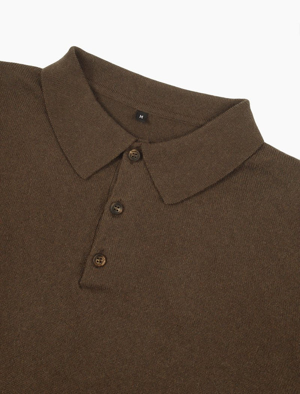 Men's Dark Brown Cotton, Cashmere & Silk Long Sleeve Knit Polo | 40 Colori