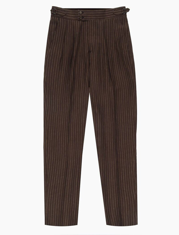 Men's Brown Striped Cotton & Linen High Waisted Trousers | 40 Colori
