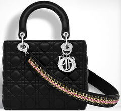 Lady Dior medium black with embroidered crystal strap